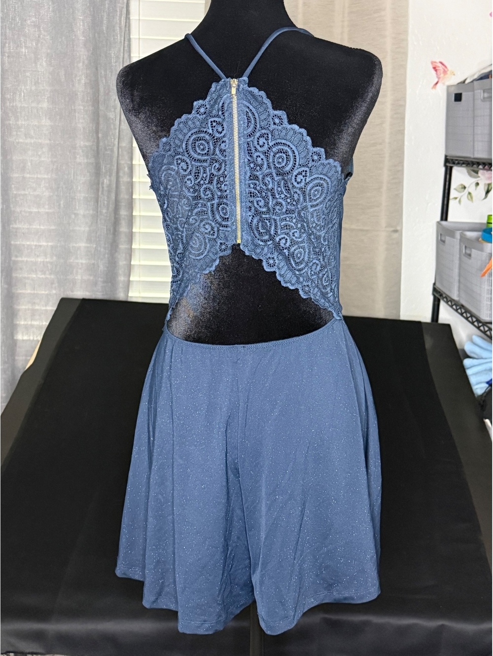 Blue Sleeveless Lace Back Romper with V-Neck - Picture 6 of 8